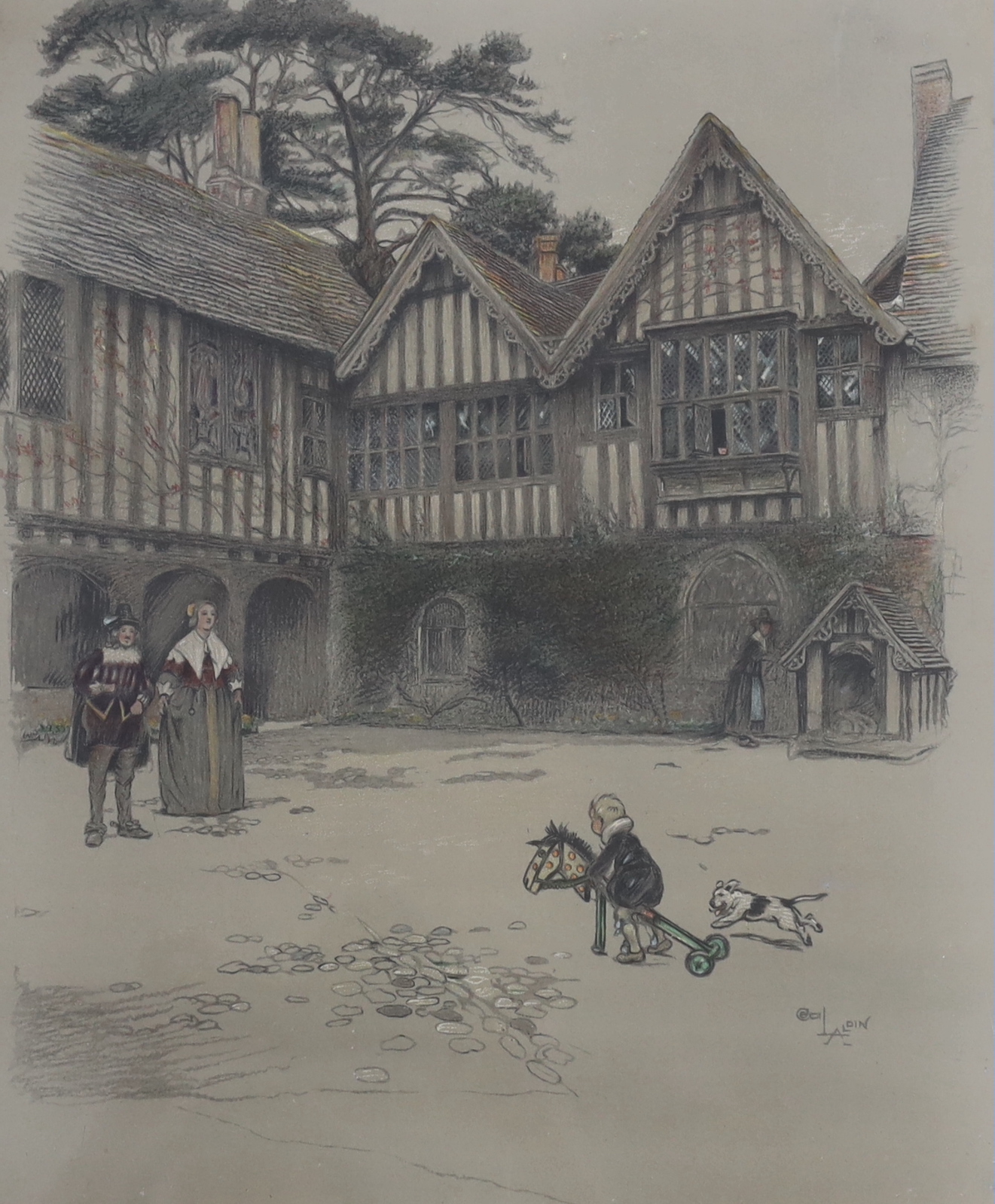 Cecil Aldin (1870-1935), colour print, Old Manor House, The Courtyard Ightham Mote, signed in