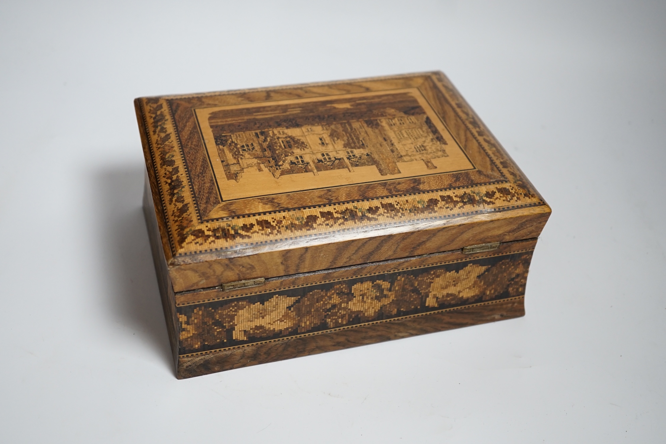 A 19th century Tunbridge ware box, view of Hever Castle, 21cm wide - Image 2 of 3