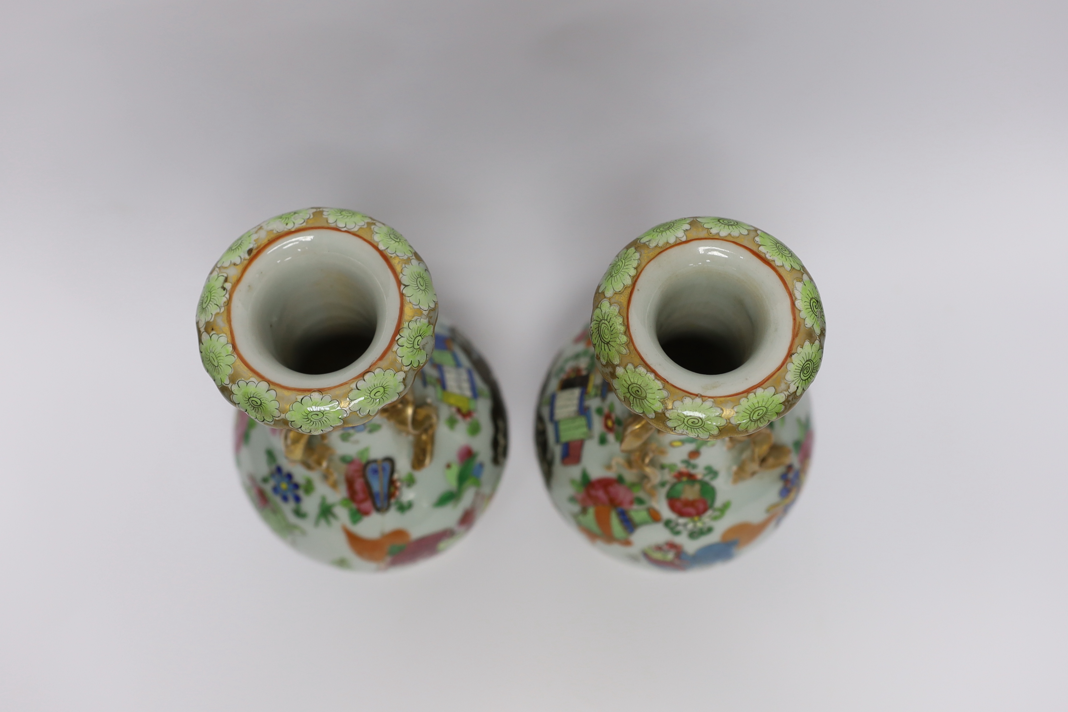 A pair of 19th century Chinese famille rose ‘mythical beasts’ vases, 24cm - Image 3 of 4
