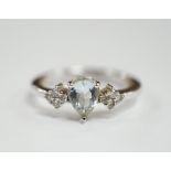 A modern Italian Comete 18k white metal and single stone pear cut aquamarine set ring, with eight