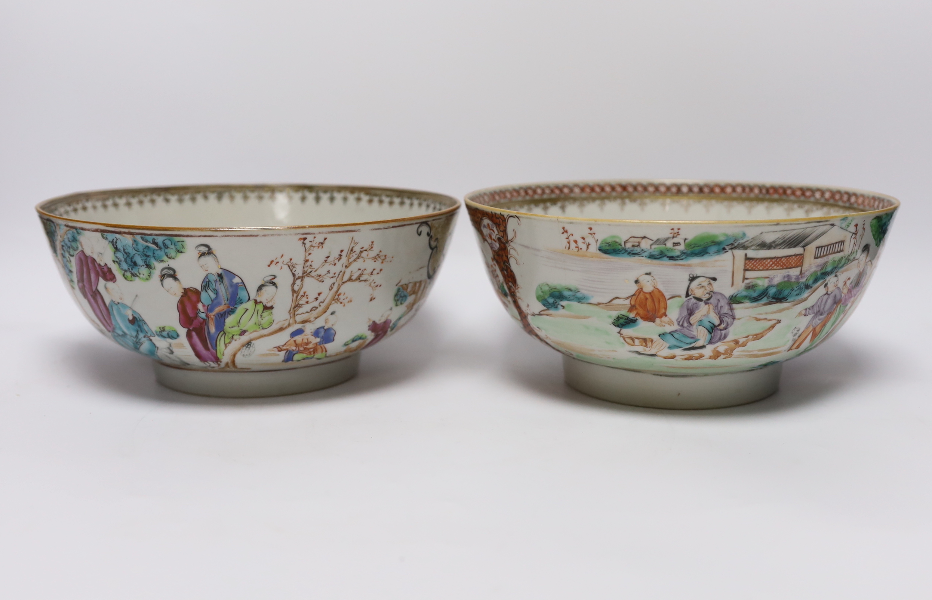 Two 18th century Chinese export famille rose bowls, largest 23cm diameter