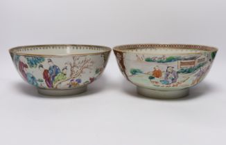 Two 18th century Chinese export famille rose bowls, largest 23cm diameter