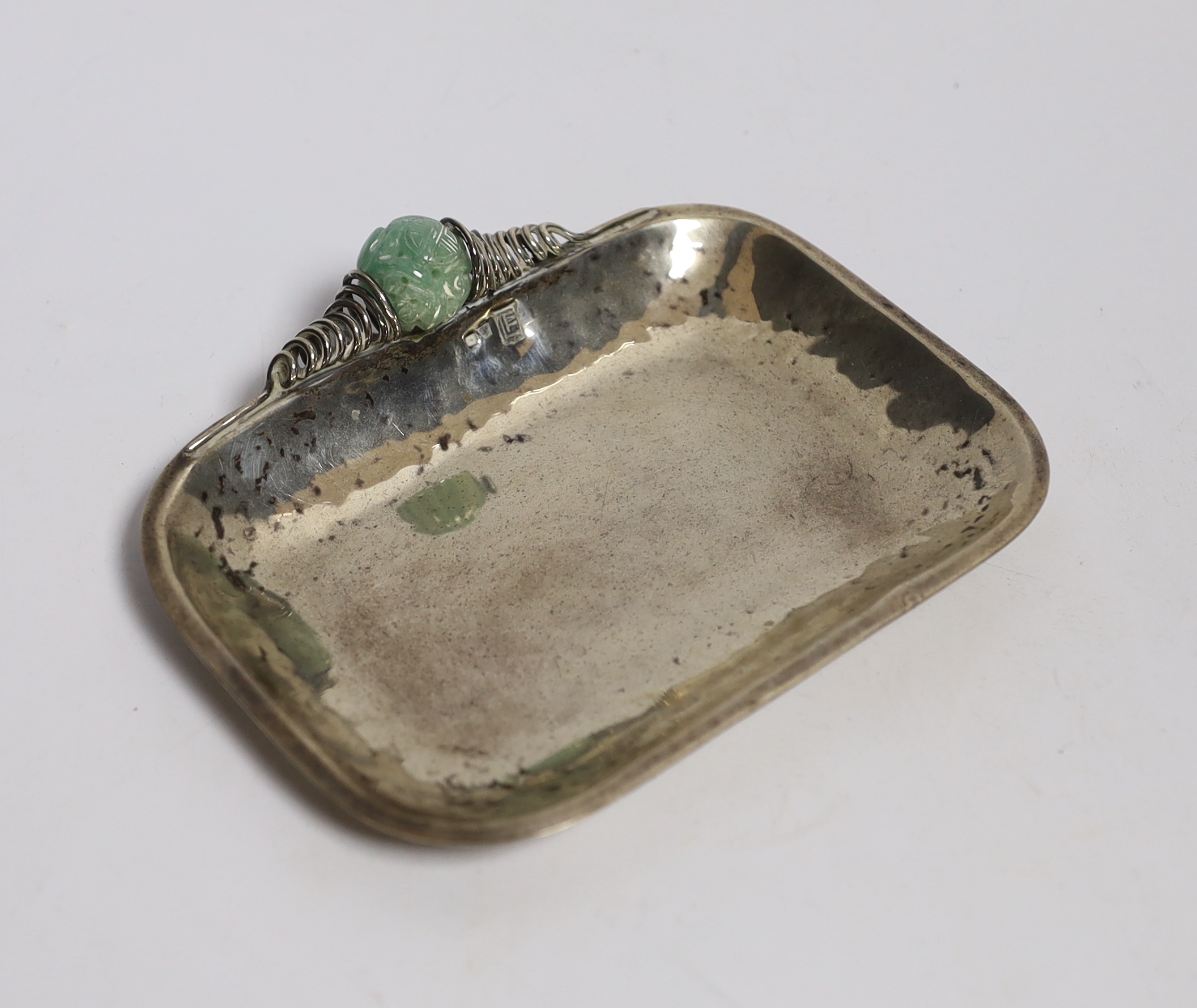 A Chinese white metal and bowenite jade mounted dish, 14.7cm, gross 3.7oz.