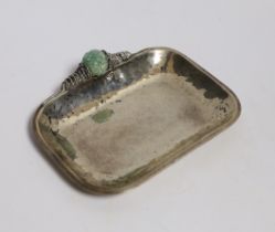 A Chinese white metal and bowenite jade mounted dish, 14.7cm, gross 3.7oz.