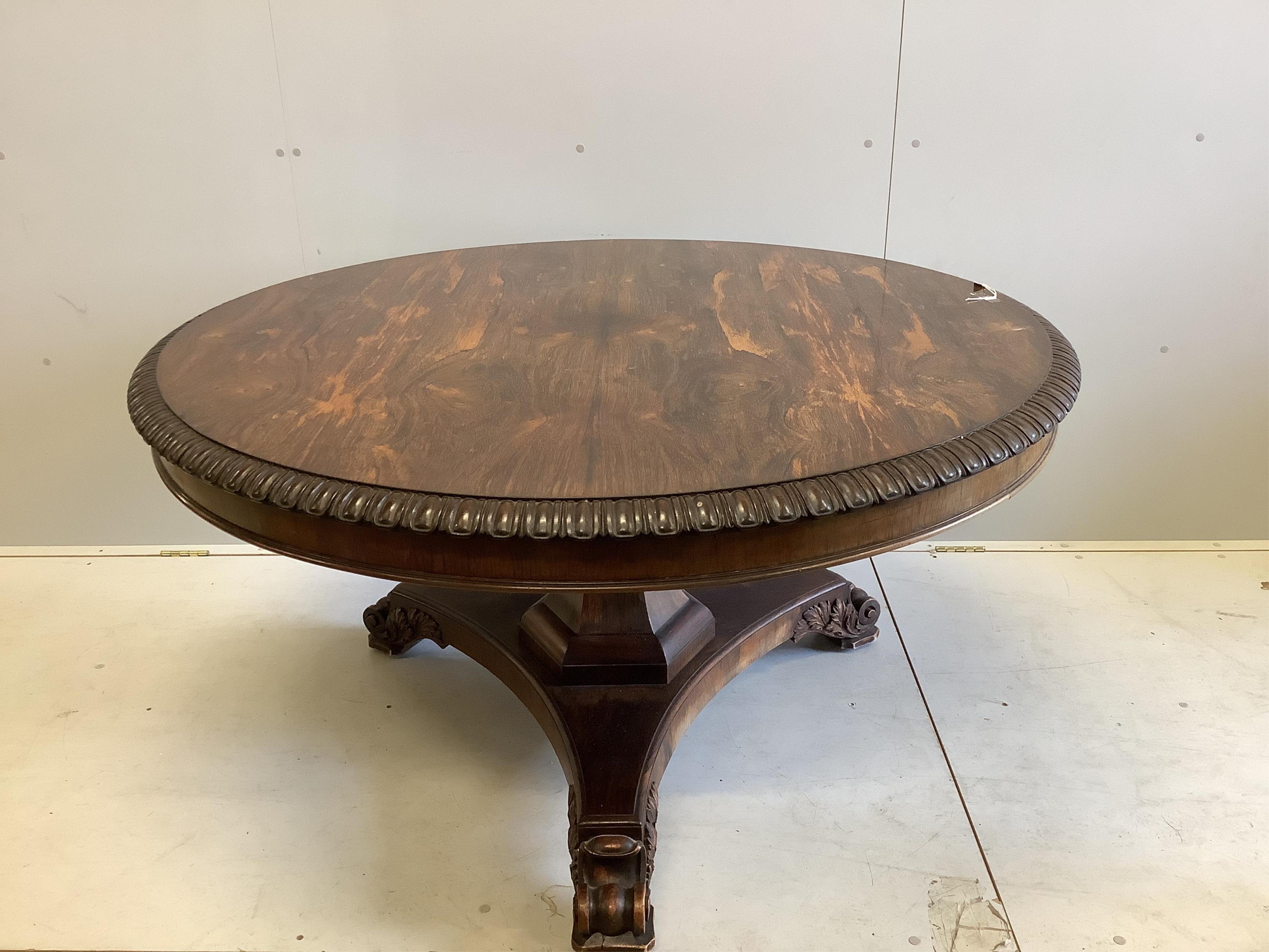 A William IV circular rosewood centre table, the tilt top with lappet carved edge on single - Image 3 of 5