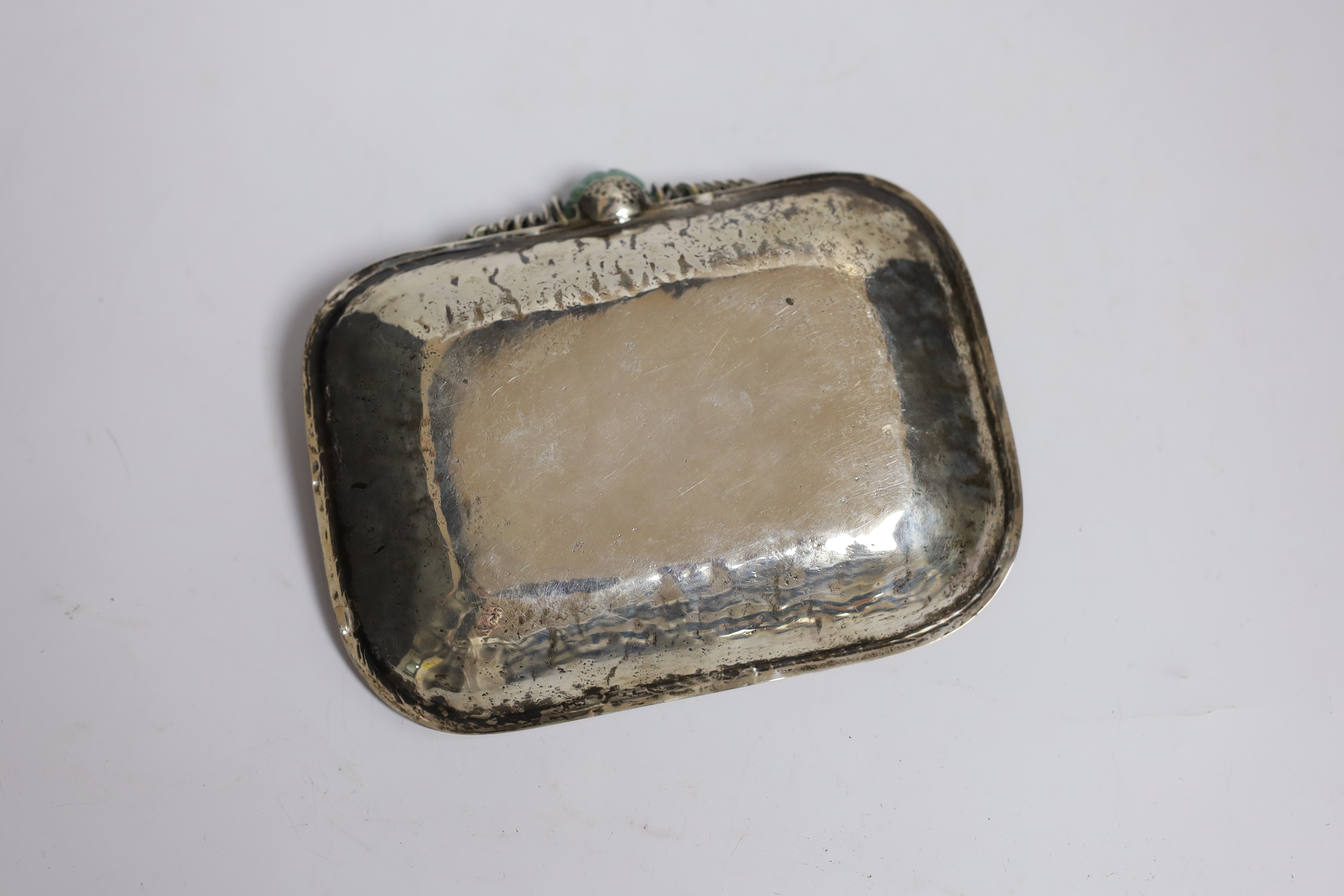 A Chinese white metal and bowenite jade mounted dish, 14.7cm, gross 3.7oz. - Image 4 of 4