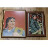 A framed Cultural Revolution embroidery picture of a girl holding a book and a porcelain tile of