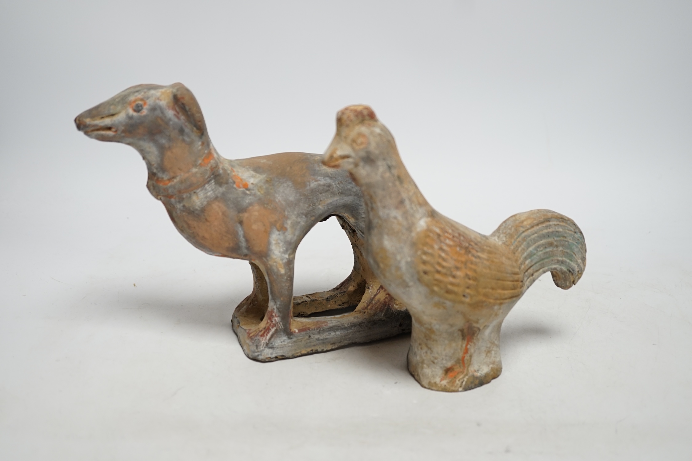 Two Chinese pigment painted figures of a cockerel and a dog, Han dynasty or later, 17cm - Image 3 of 4