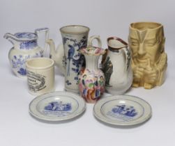 A mixed collection of porcelain to include a pair of transfer printed blue and white verse plates,