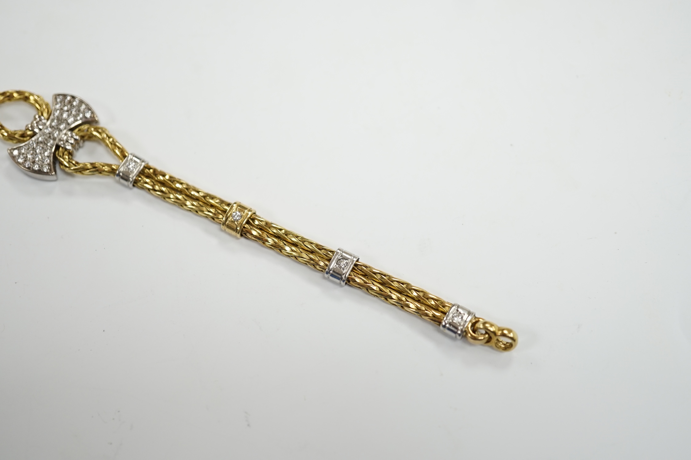 A modern 750 yellow metal and diamond cluster set bracelet, 21.5cm, gross weight 33.9 grams. - Image 3 of 5