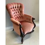 A Victorian mahogany upholstered spoon back armchair, width 70cm, depth 70cm, height 100cm