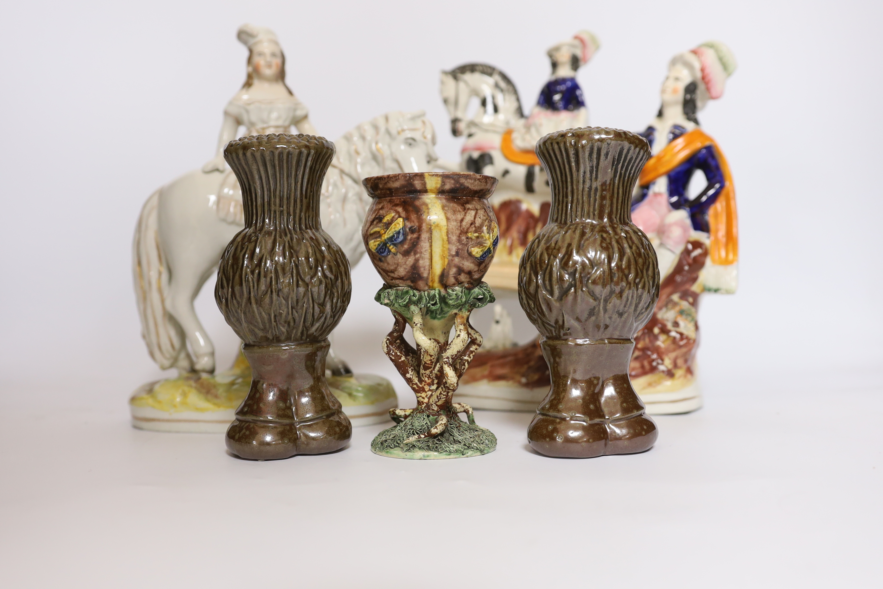 A rare Staffordshire horse group, a Princess Royal and pony group, a Palissy ware vase and a pair of - Image 2 of 4
