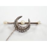 A Victorian yellow and white metal, diamond and pearl set crescent bar brooch, 44mm, gross weight