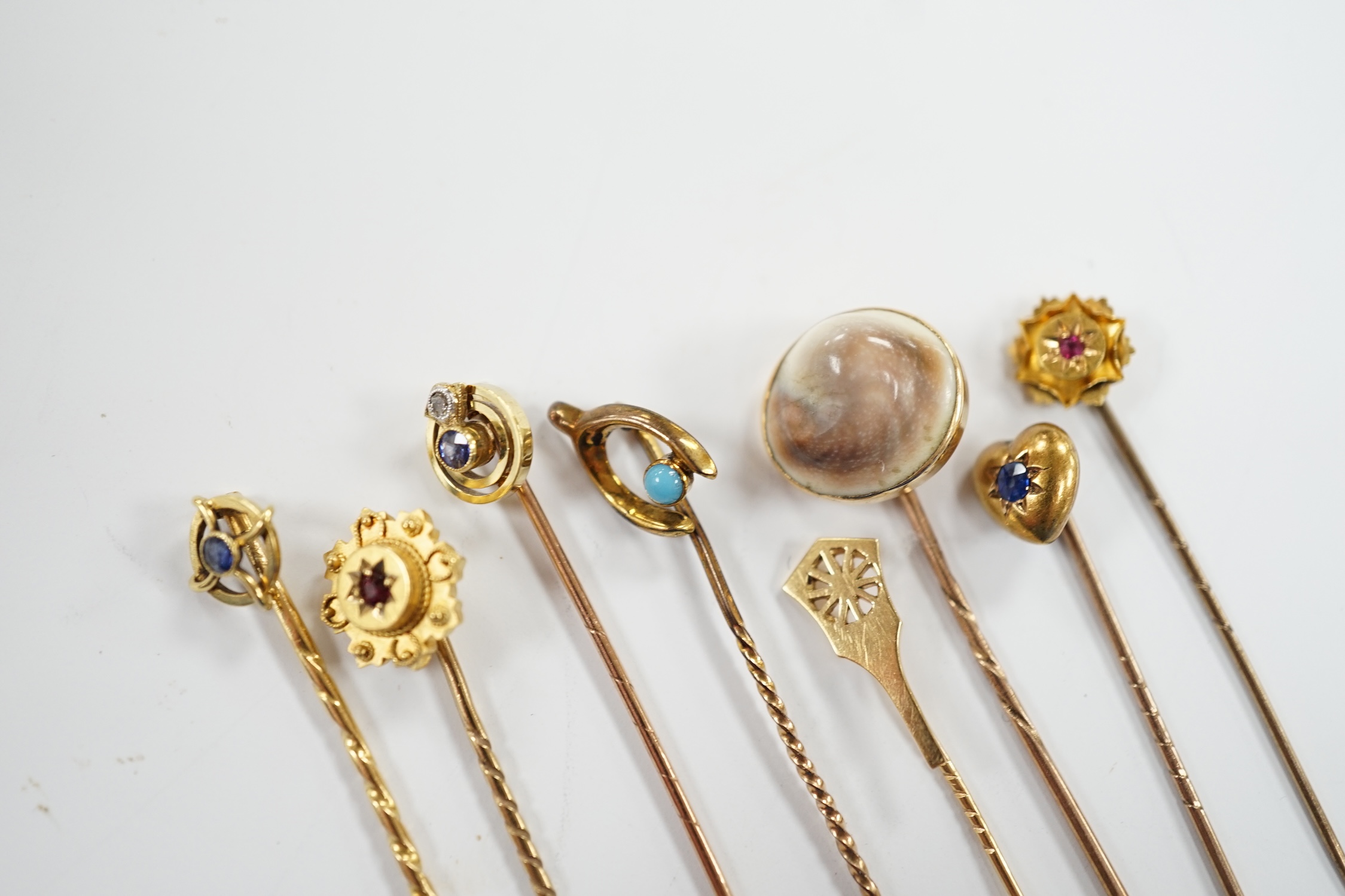 Eight assorted early 20th century and later yellow metal and gem set stick pins, including six 15ct, - Image 3 of 4