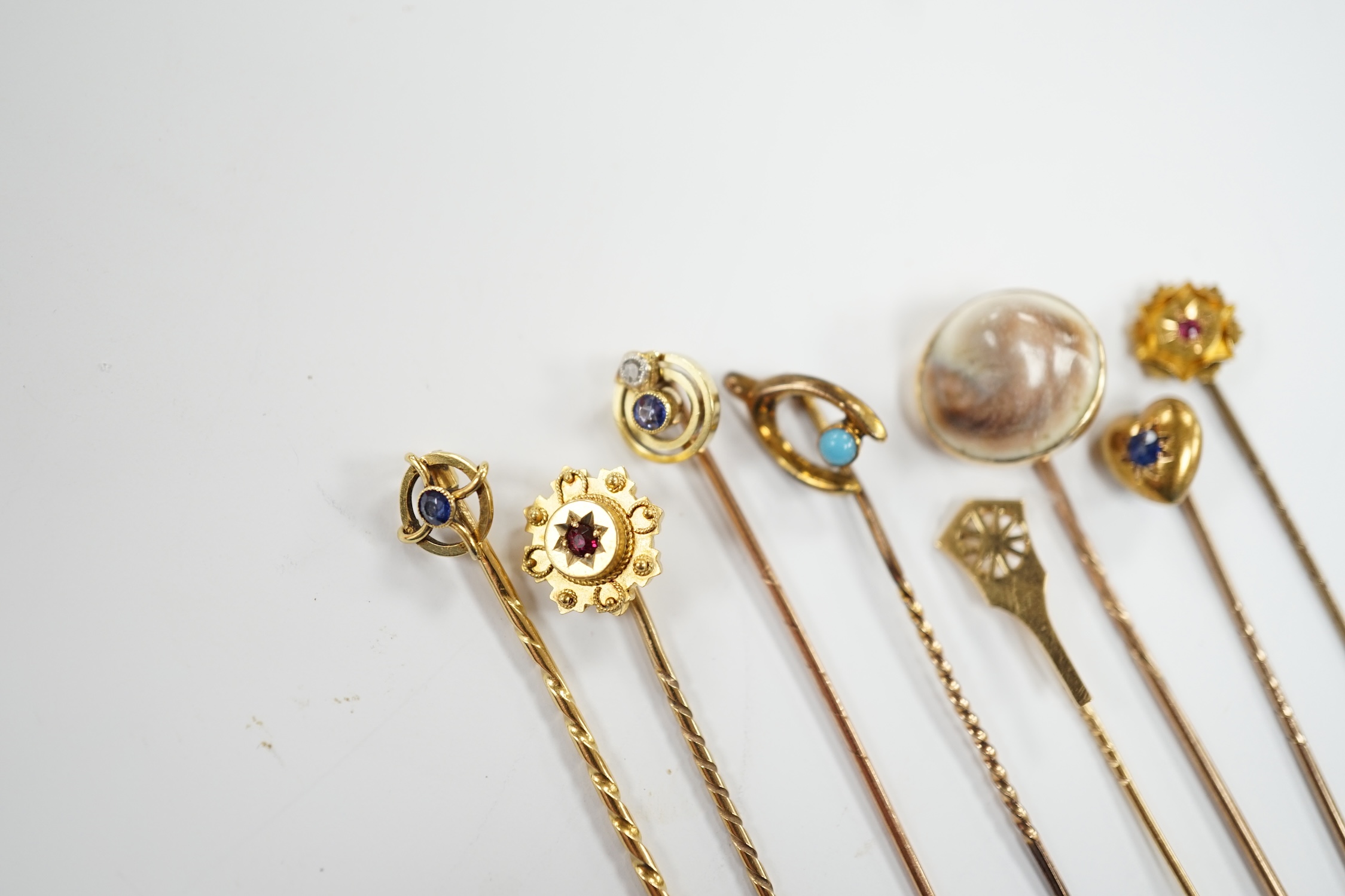 Eight assorted early 20th century and later yellow metal and gem set stick pins, including six 15ct, - Image 2 of 4
