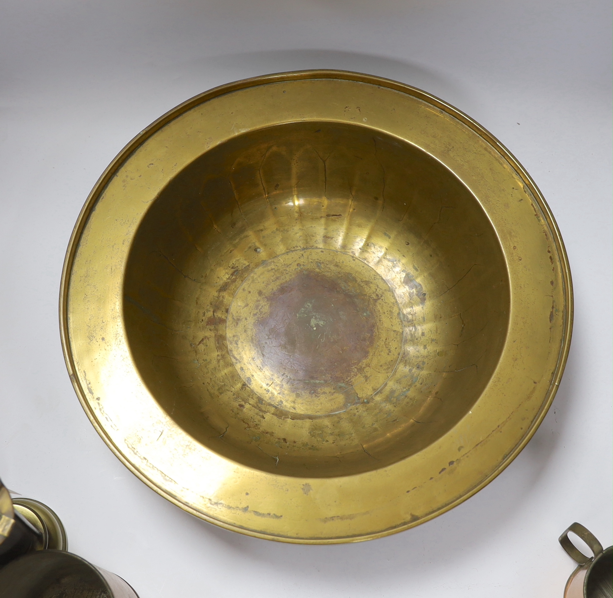 A miner's brass Davy lamp, signed E.Thomas & Williams, a large brass bowl and three graduated copper - Image 4 of 5