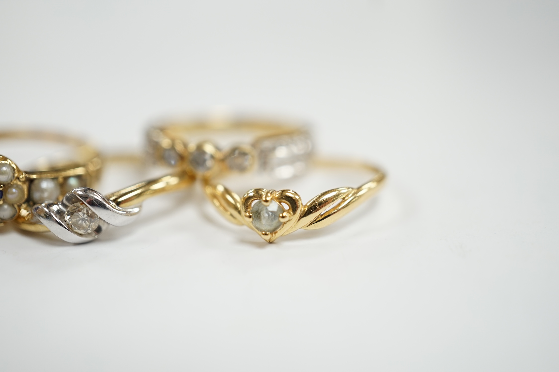 Three assorted modern 9ct gold and diamond set rings, gross 6.5 grams and two other yellow metal and - Image 4 of 6