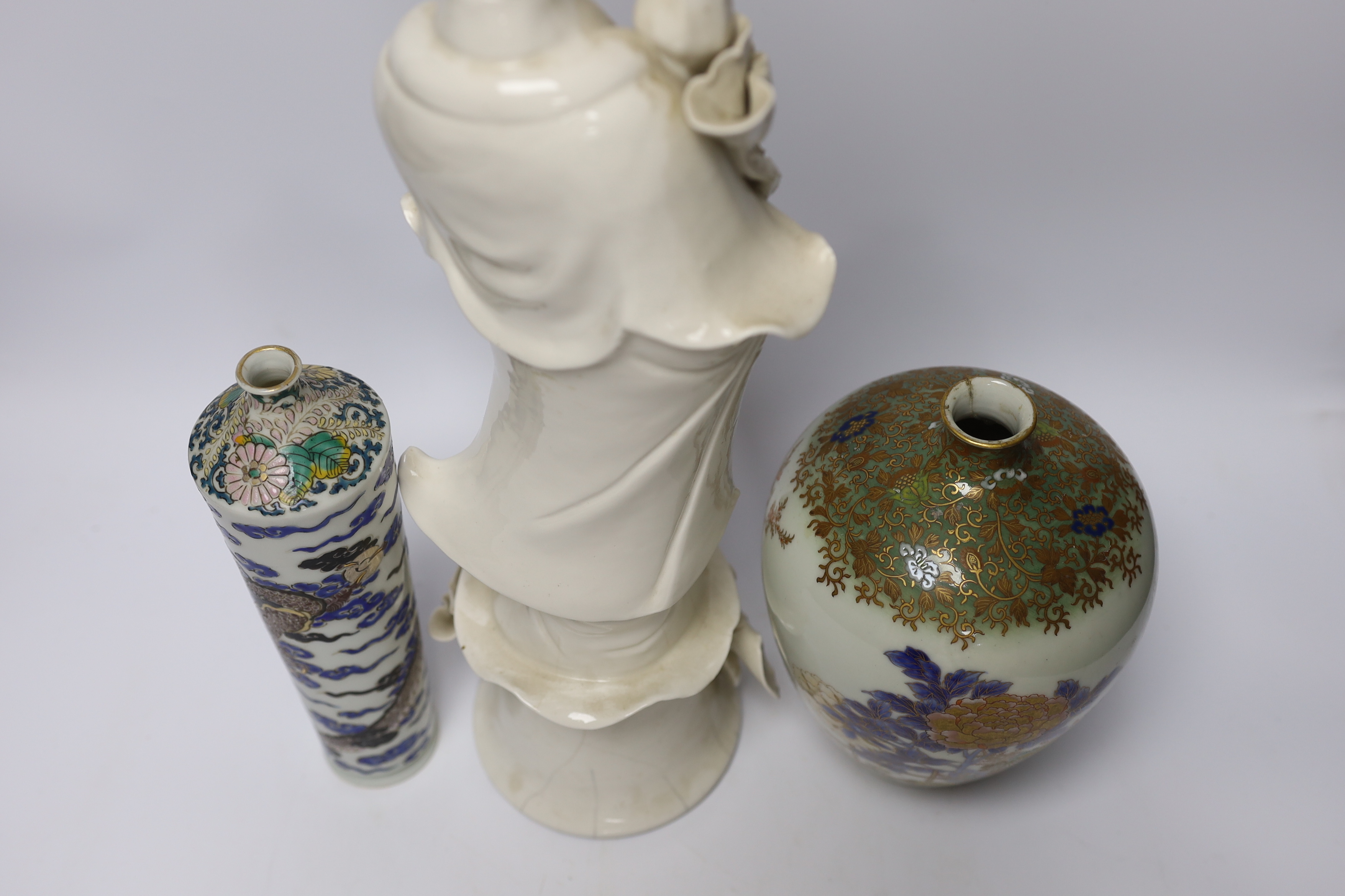 A 19th century Chinese blanc de chine figure of Guanyin, 20th century ‘dragon’ vase and a Japanese - Image 6 of 7