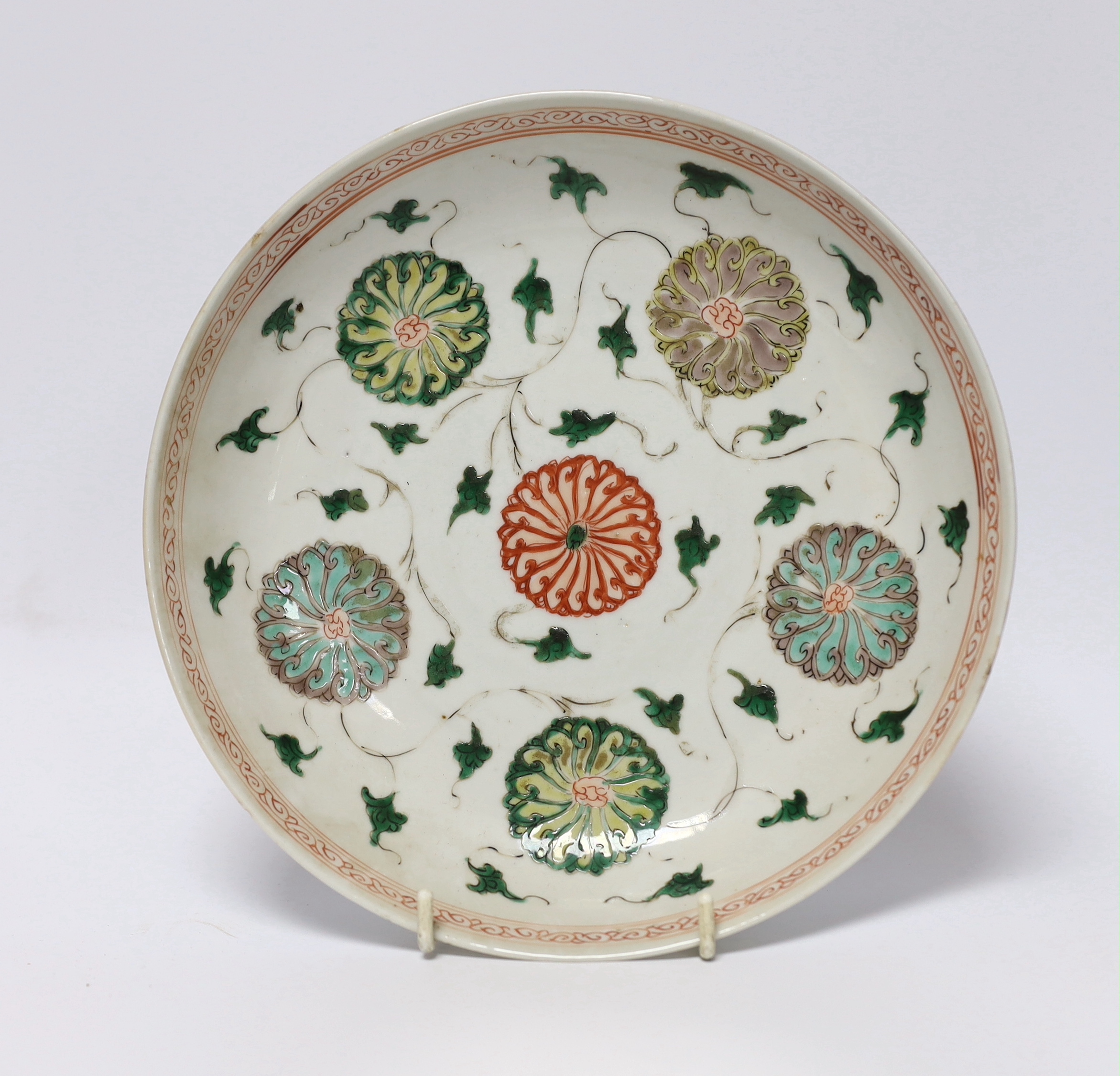 A Chinese famille verte ‘lotus flower’ dish, Kangxi period, 23cm diameter