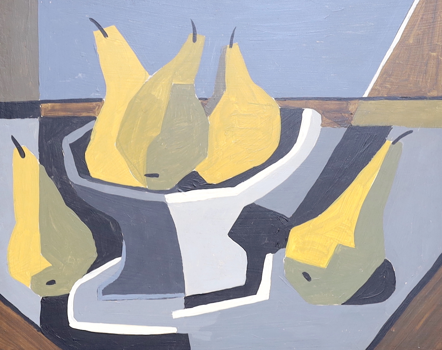 Cubist style, oil on board, Still life of pears in a bowl, unsigned, 27 x 35cm