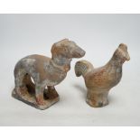 Two Chinese pigment painted figures of a cockerel and a dog, Han dynasty or later, 17cm