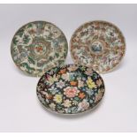 A Chinese famille noire floral dish, Qianlong mark, late 19th/early 20th century and two Chinese