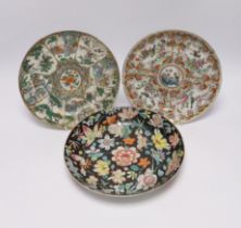 A Chinese famille noire floral dish, Qianlong mark, late 19th/early 20th century and two Chinese