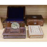 Four various boxes - a brass bound writing slope, a Moroccan inlaid box, mother of pearl inlaid