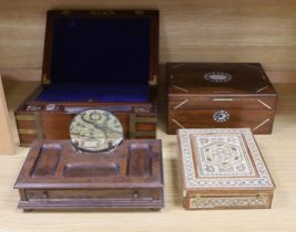 Four various boxes - a brass bound writing slope, a Moroccan inlaid box, mother of pearl inlaid