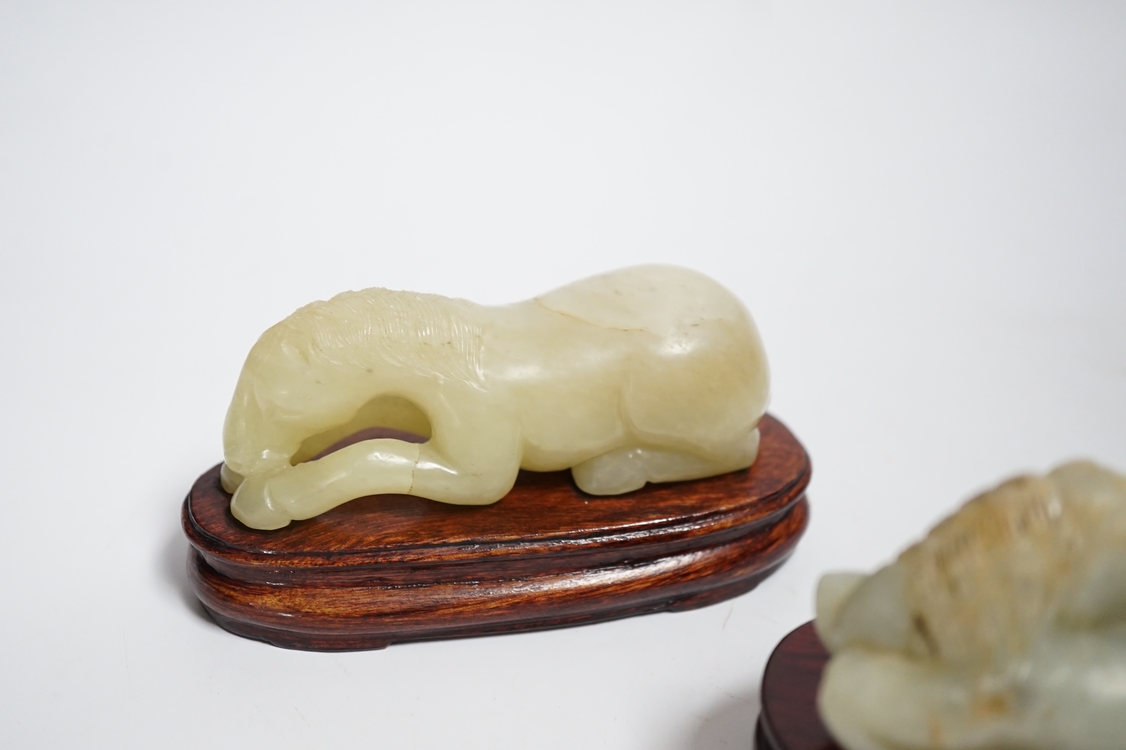 Two Chinese carved jade figures of horses on stands, largest 11cm wide - Image 3 of 6