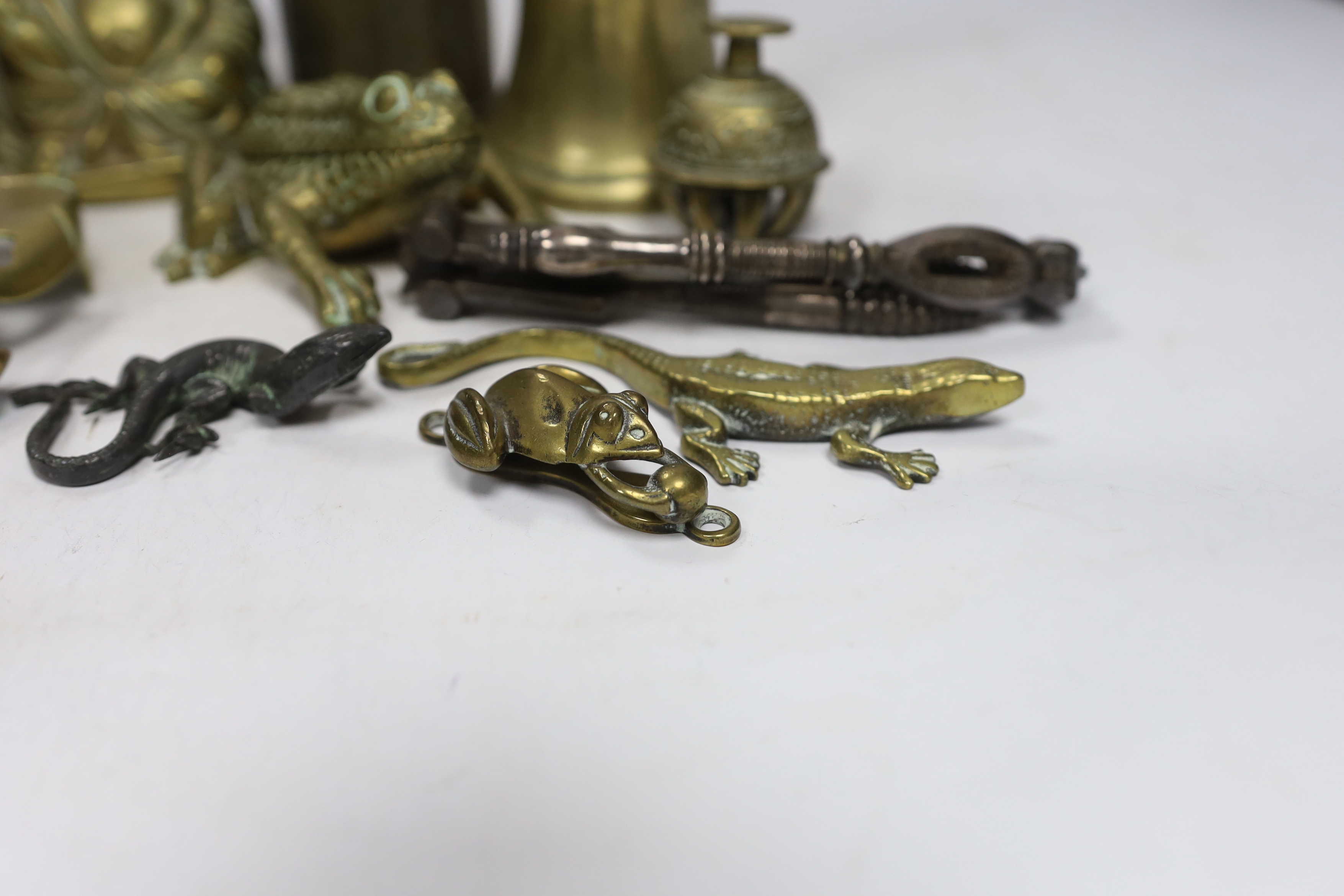 Sundry metalware including hinged brass frog with compartment, nutcrackers, a seated Buddha and a - Image 5 of 6