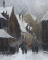Van Heinz (Dutch, 19th/20th. C), oil on canvas, Winter street scene with figures, signed, 69 x 55cm