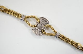 A modern 750 yellow metal and diamond cluster set bracelet, 21.5cm, gross weight 33.9 grams.