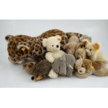 A large size Steiff yellow tag leopard, eight yellow tag animals, a Steiff button in the ear book