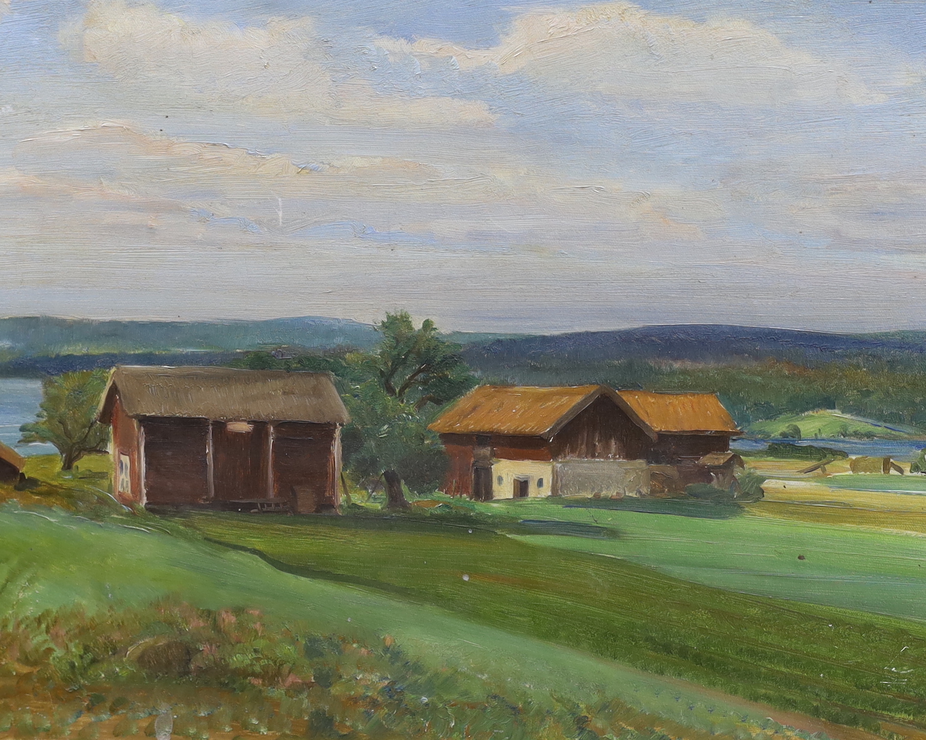 Per Fredriks (Swedish, 1887-1947), oil on canvas, Farmhouses in a landscape, signed, 33 x 41cm,