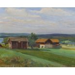 Per Fredriks (Swedish, 1887-1947), oil on canvas, Farmhouses in a landscape, signed, 33 x 41cm,
