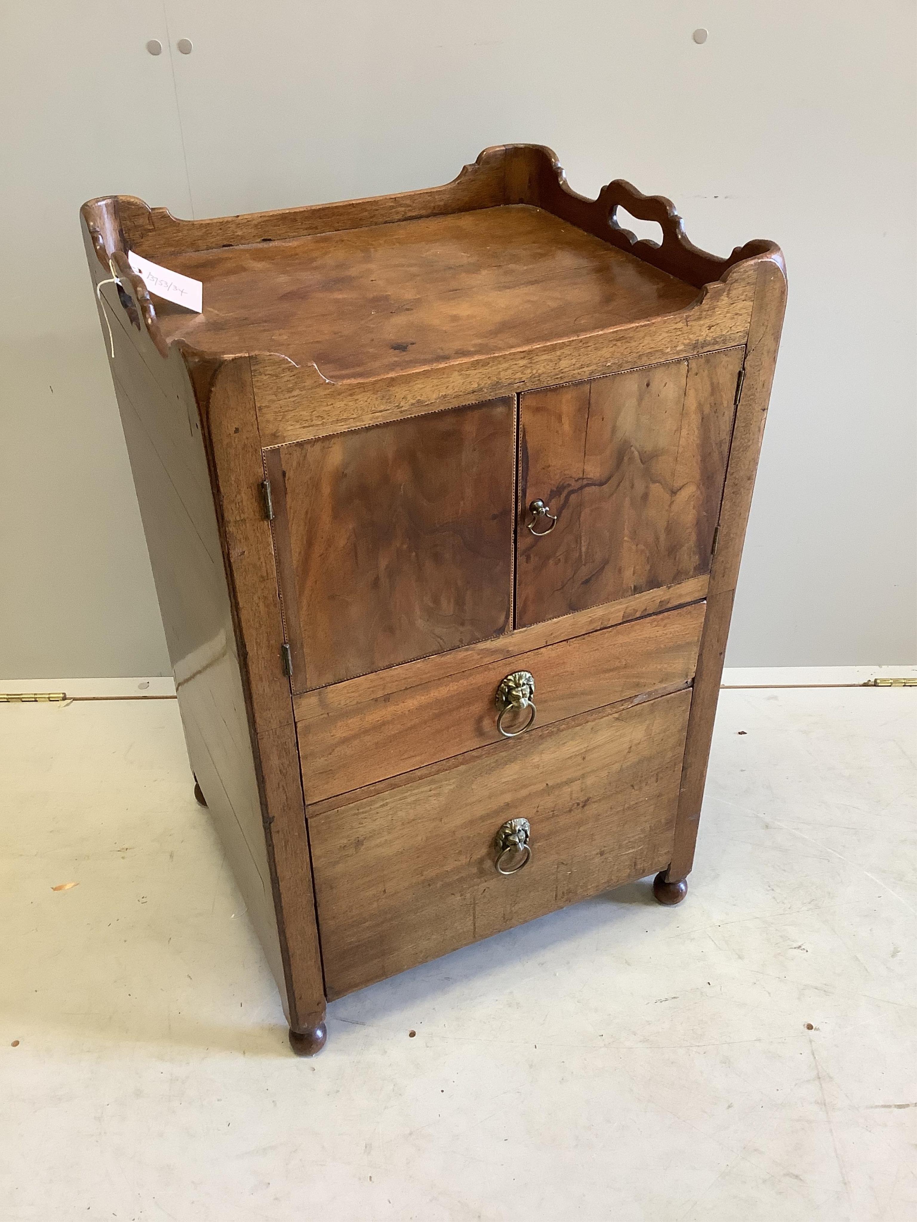 A Georgian mahogany tray top commode now converted with drawer and cupboard, width 50cm, depth 45cm,