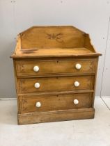A Victorian painted pine three drawer washstand, width 89cm, depth 44cm, height 104cm