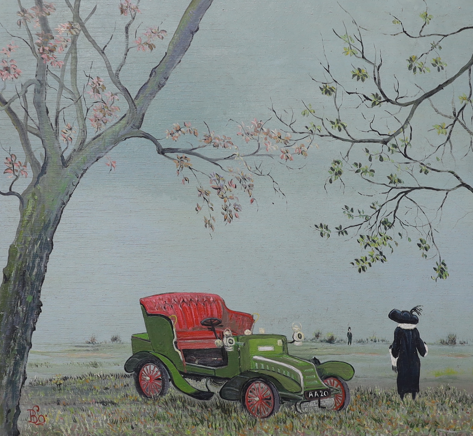 Early 20th century English School, oil on board, Classic car and Art Deco figures, monogrammed