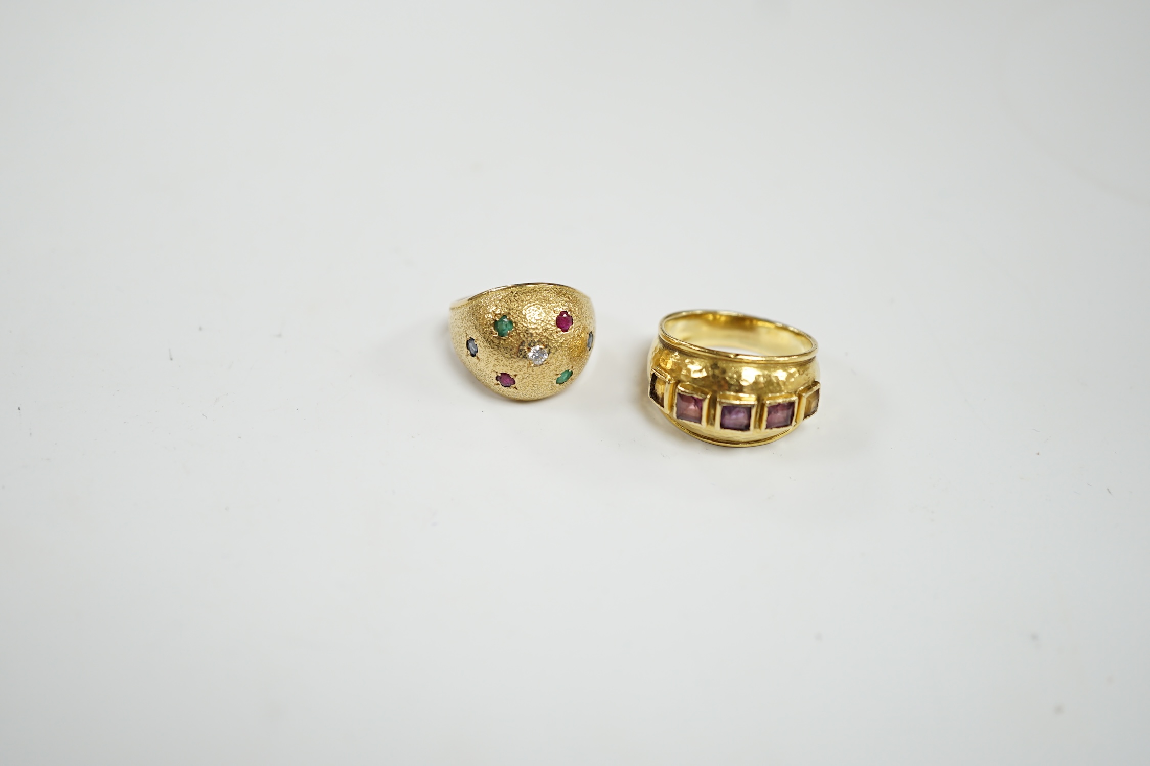 A textured yellow metal, emerald, ruby and diamond set domed ring, size K, together with a stylish - Image 2 of 6