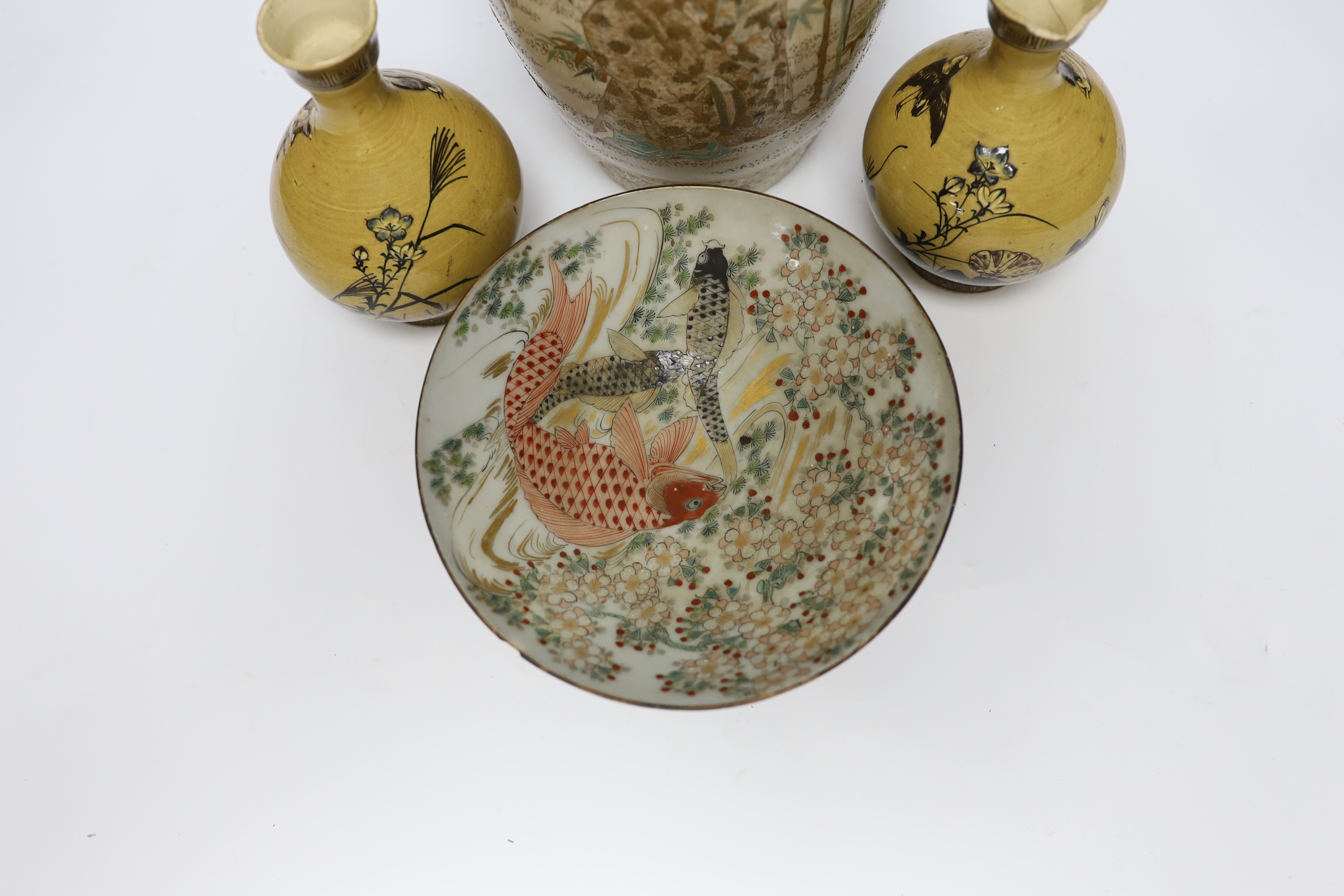 A 19th century Satsuma vase, two ochre pottery vases and a fish designed bowl, (purported to come - Image 2 of 11