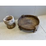 An African hardwood mazer, diameter 77cm, together with a wooden mortar