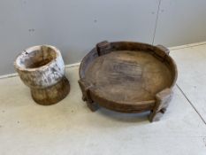 An African hardwood mazer, diameter 77cm, together with a wooden mortar