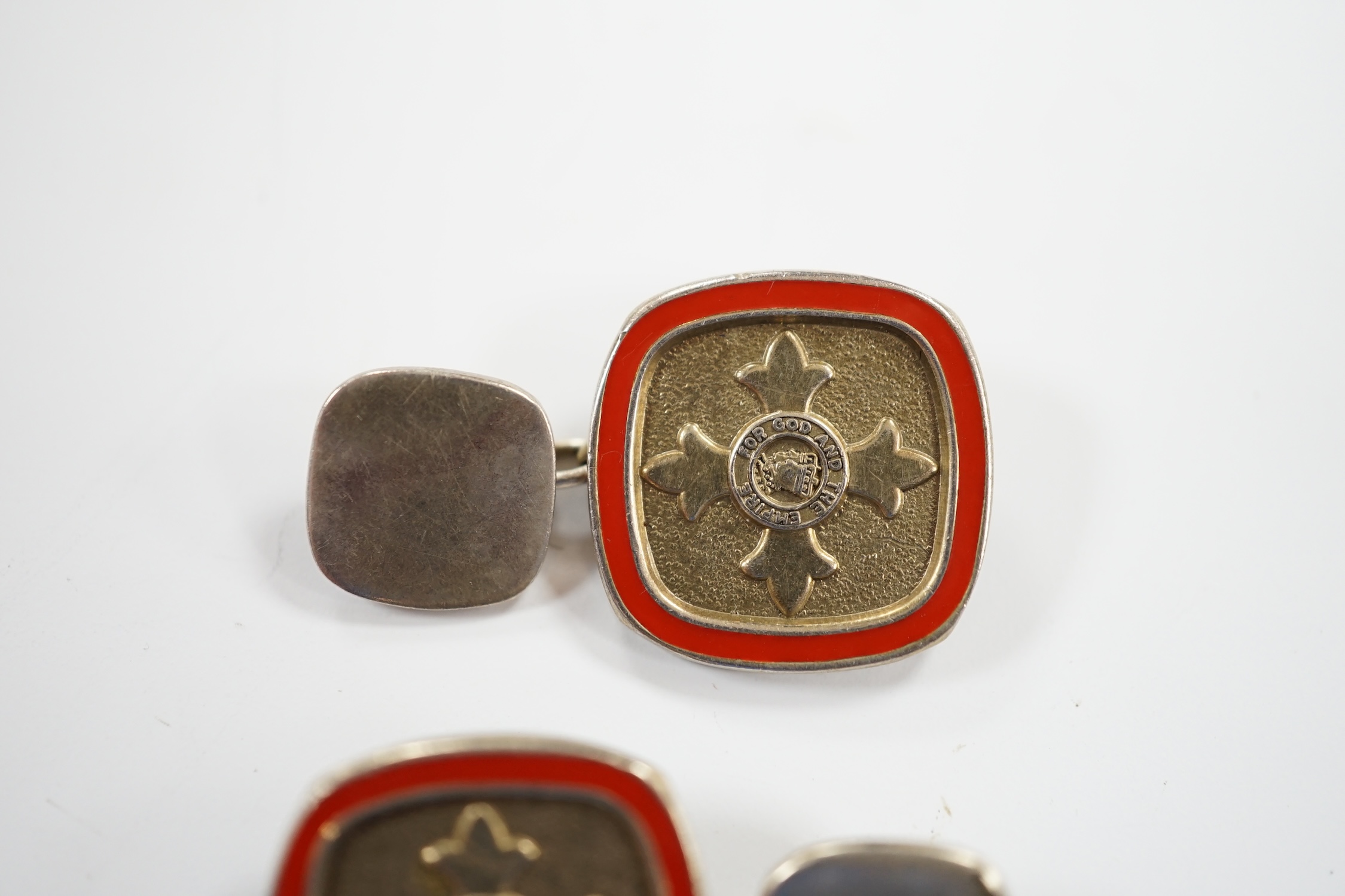 A modern pair of silver and red enamel cufflinks, embossed with the Order of The British Empire, - Image 3 of 6