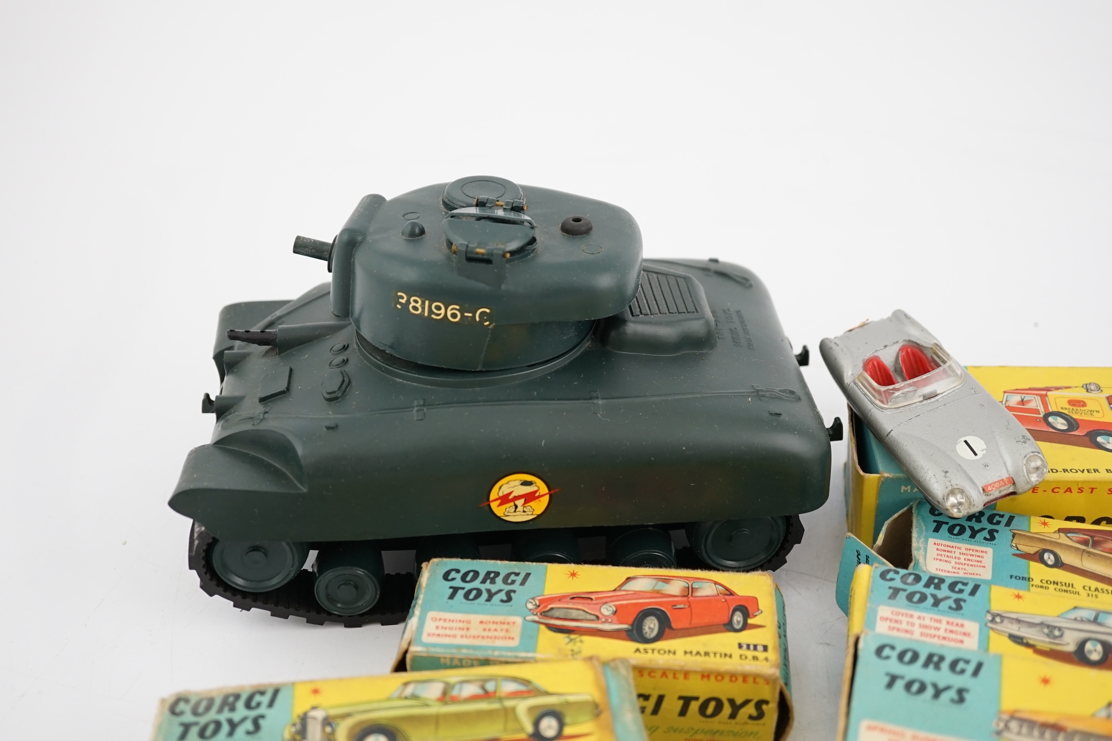 Seven boxed Corgi Toys and a Tri-ang M116 Sherman Tank, Corgi including; a Karrier Bantam Lucozade - Image 2 of 4