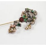 A 19th century Austro-Hungarian white metal garnet, enamel and seed baroque pearl set stick pin (