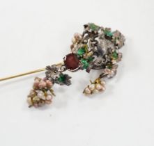 A 19th century Austro-Hungarian white metal garnet, enamel and seed baroque pearl set stick pin (