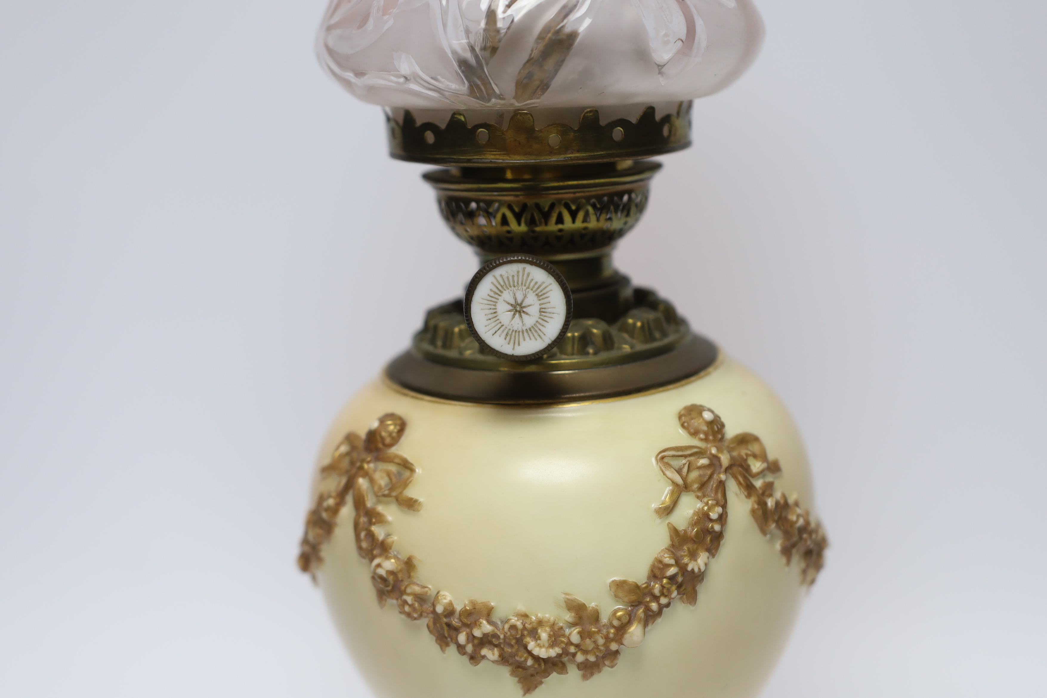 A Royal Worcester blush ivory oil lamp with fluted glass shade, 46cm high - Image 2 of 2