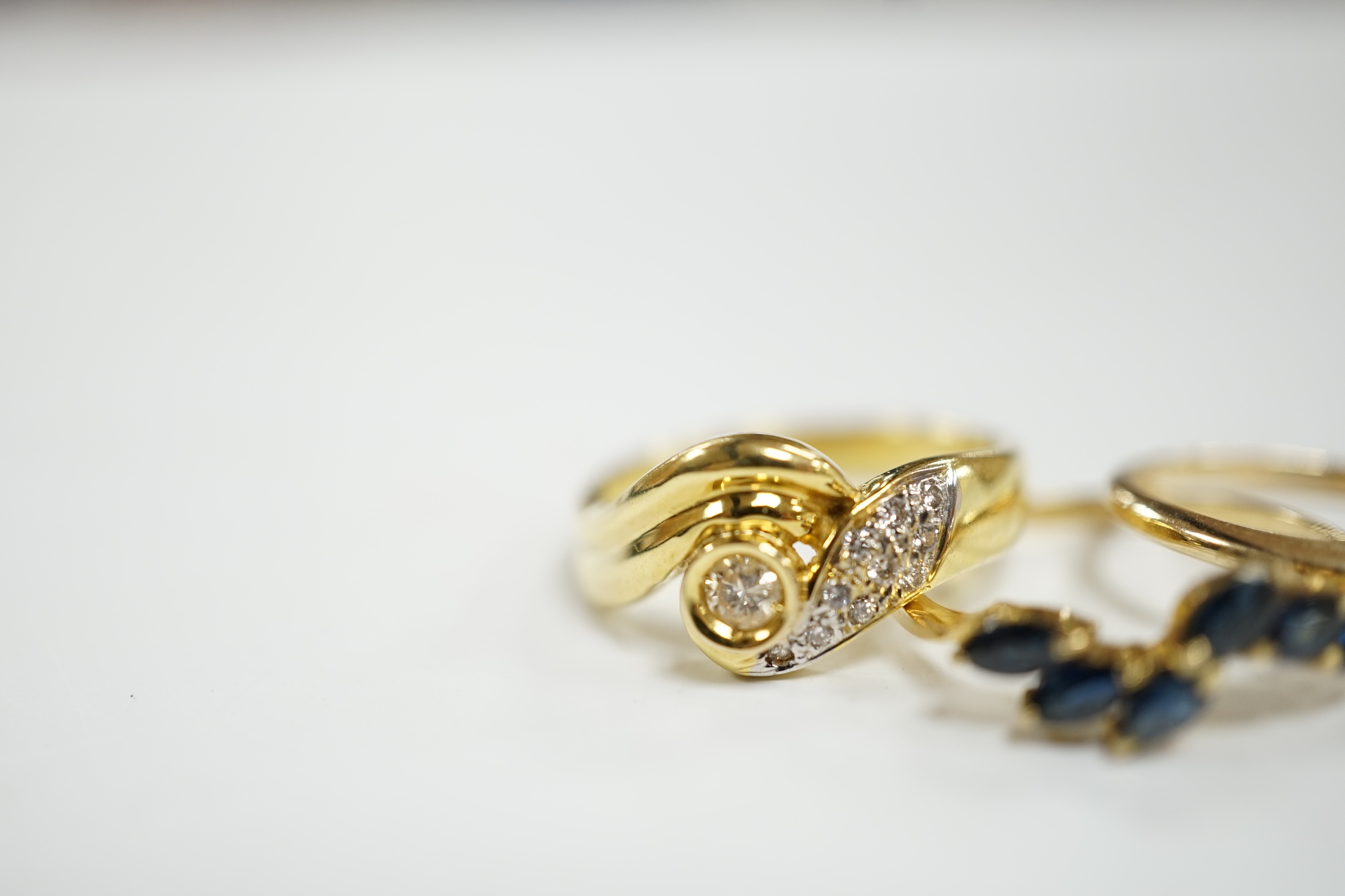 Three assorted modern 14k and gem set rings, including single stone marquise cut diamond, diamond - Image 3 of 6