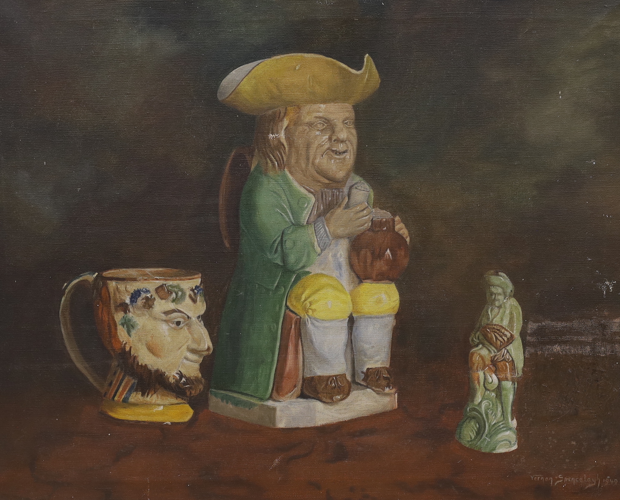 Vernon Spencelayh (American, 1891-1980), oil on canvas, Still life of Toby jug, signed and dated